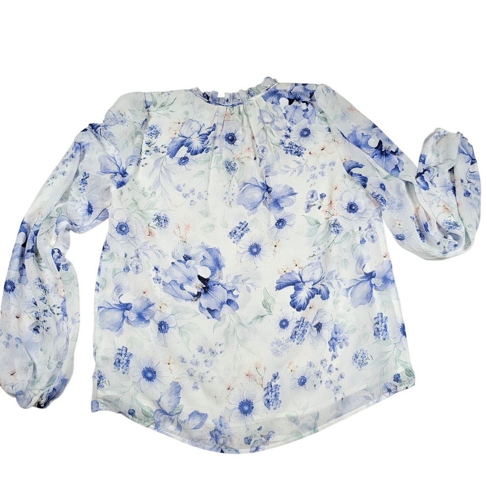 Rachel Zoe XS Floral Blouse Sheer Long Balloon Sleeve Ruffle Neck Tie Top Nwot - Picture 8 of 9